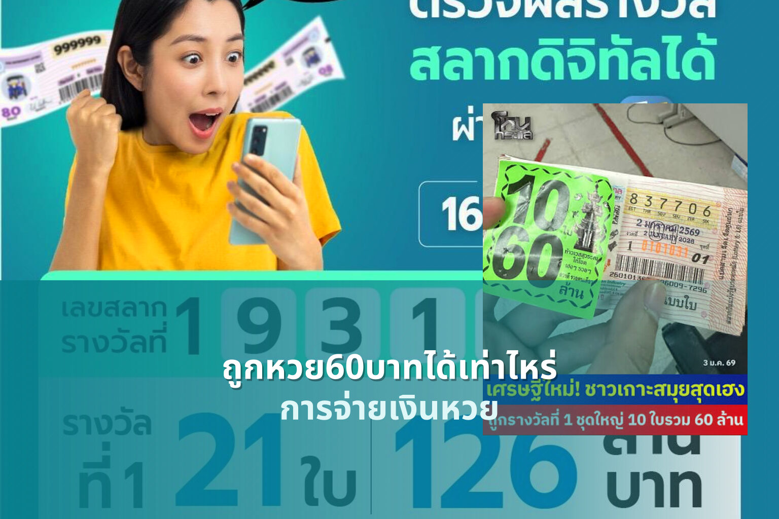 ถูกหวย60บาทได้เท่าไหร่ การจ่ายเงินหวย