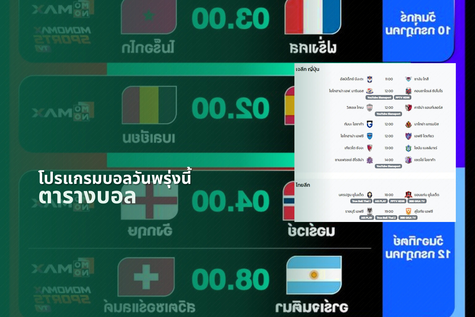 โปรแกรมบอลวันพรุ่งนี้ - sports schedule