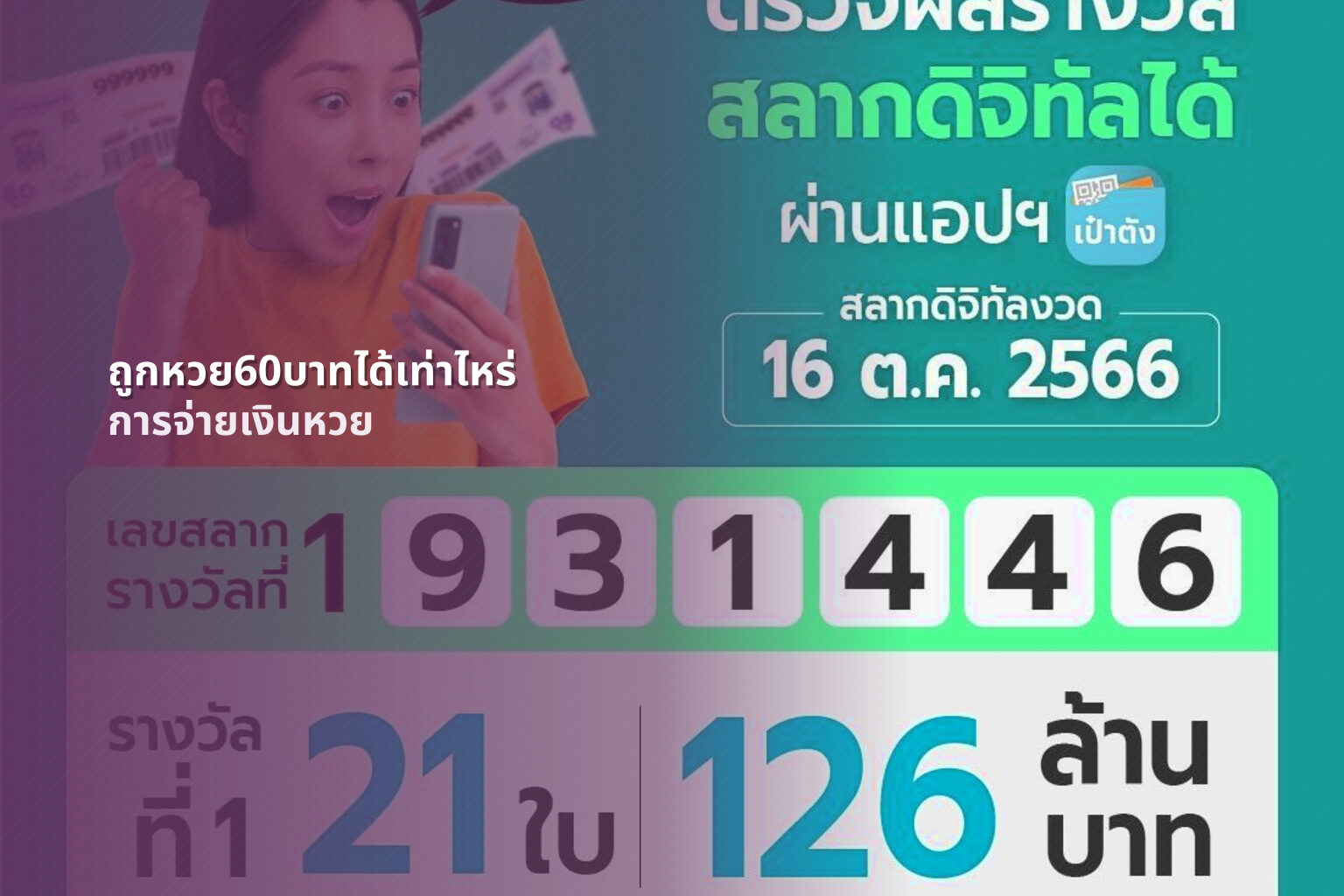 ถูกหวย60บาทได้เท่าไหร่ การจ่ายเงินหวย